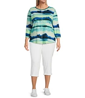 Westbound Plus Size Ocean Stripe 3/4 Sleeve Knit Crew Neck Top