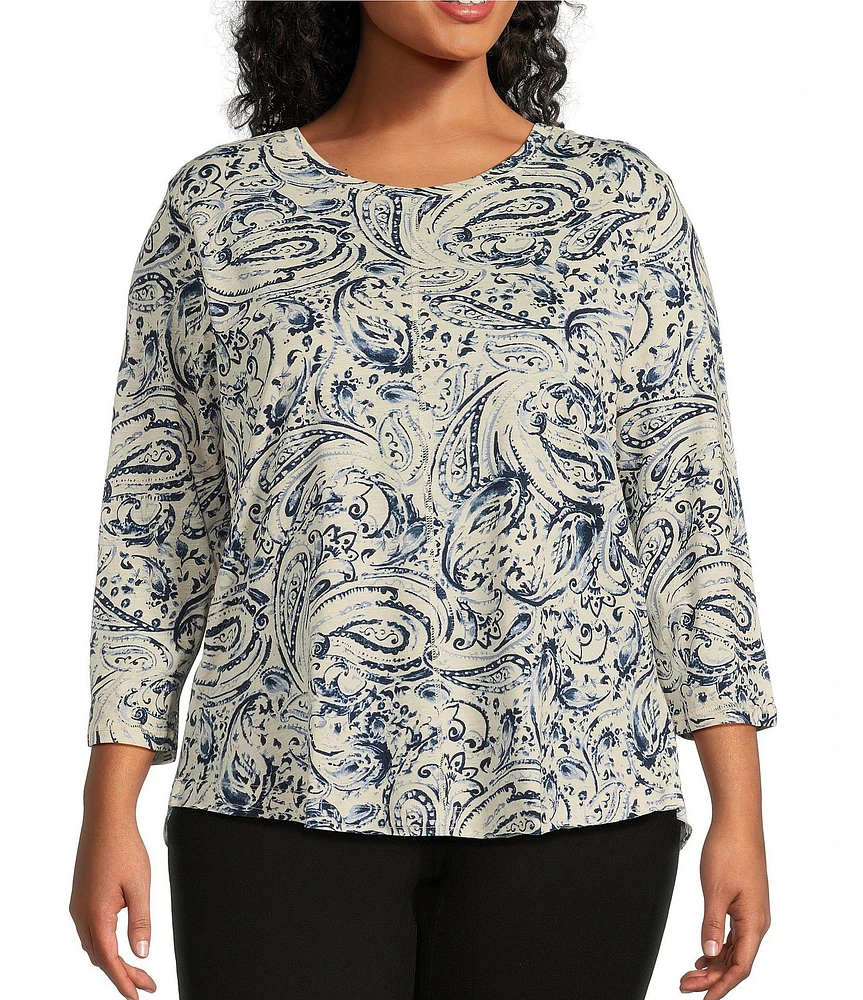 Westbound Plus Size Paisley Swirl 3/4 Sleeve Knit Crew Neck Top