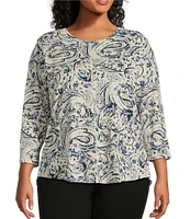 Westbound Plus Size Paisley Swirl 3/4 Sleeve Knit Crew Neck Top