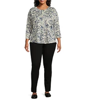 Westbound Plus Size Paisley Swirl 3/4 Sleeve Knit Crew Neck Top