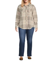 Westbound Plus Size Plaid Long Sleeve Collared Button Front Top