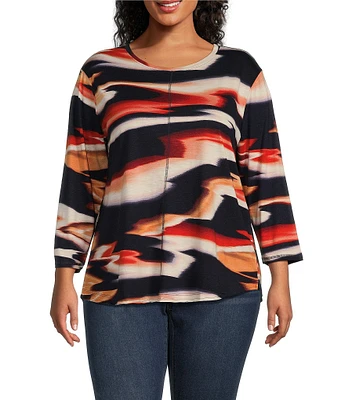 Westbound Plus Size Reflective Sunset Abstract Print 3/4 Sleeve Knit Crew Neck Top