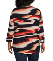 Westbound Plus Size Reflective Sunset Abstract Print 3/4 Sleeve Knit Crew Neck Top