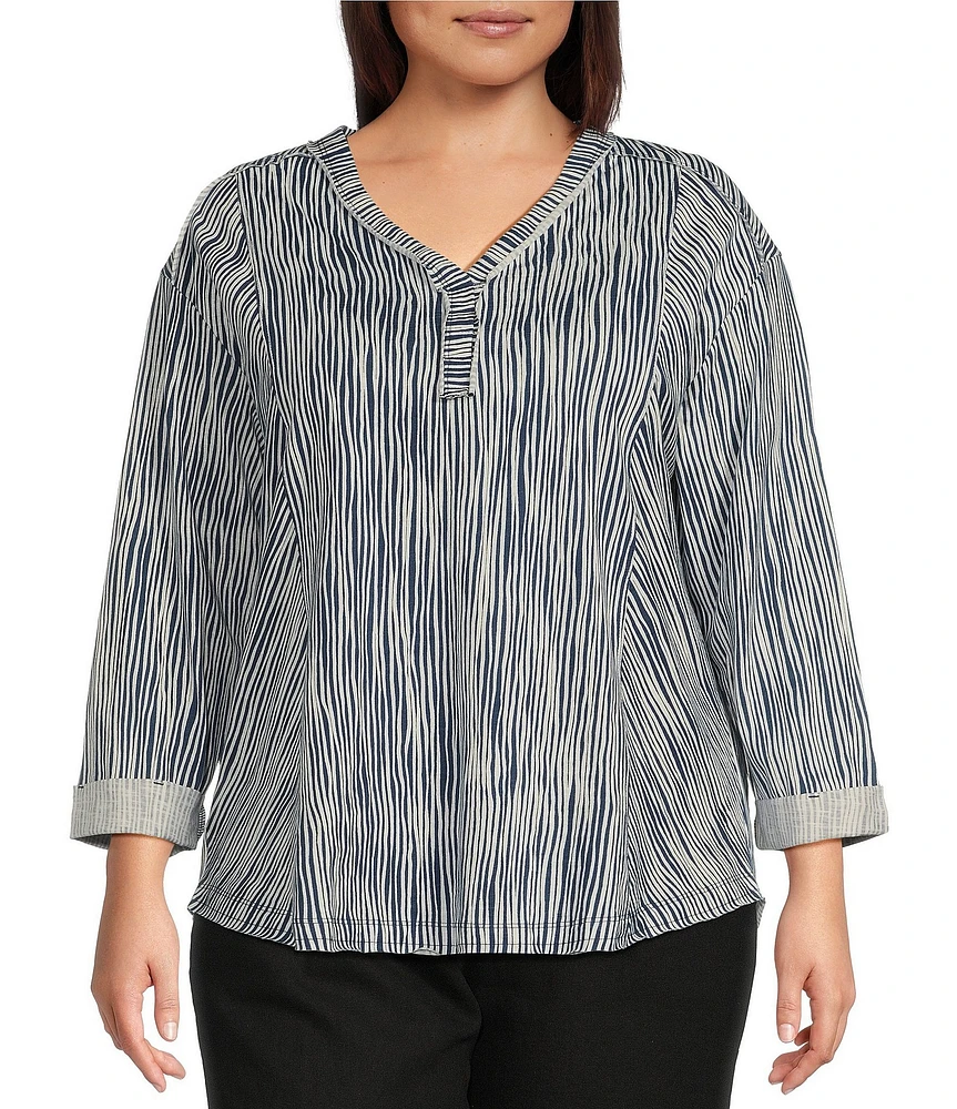 Westbound Plus Size Striped Rolled 3/4 Sleeve Faux Henley Top