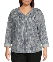Westbound Plus Size Striped Rolled 3/4 Sleeve Faux Henley Top