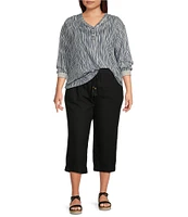 Westbound Plus Size Striped Rolled 3/4 Sleeve Faux Henley Top