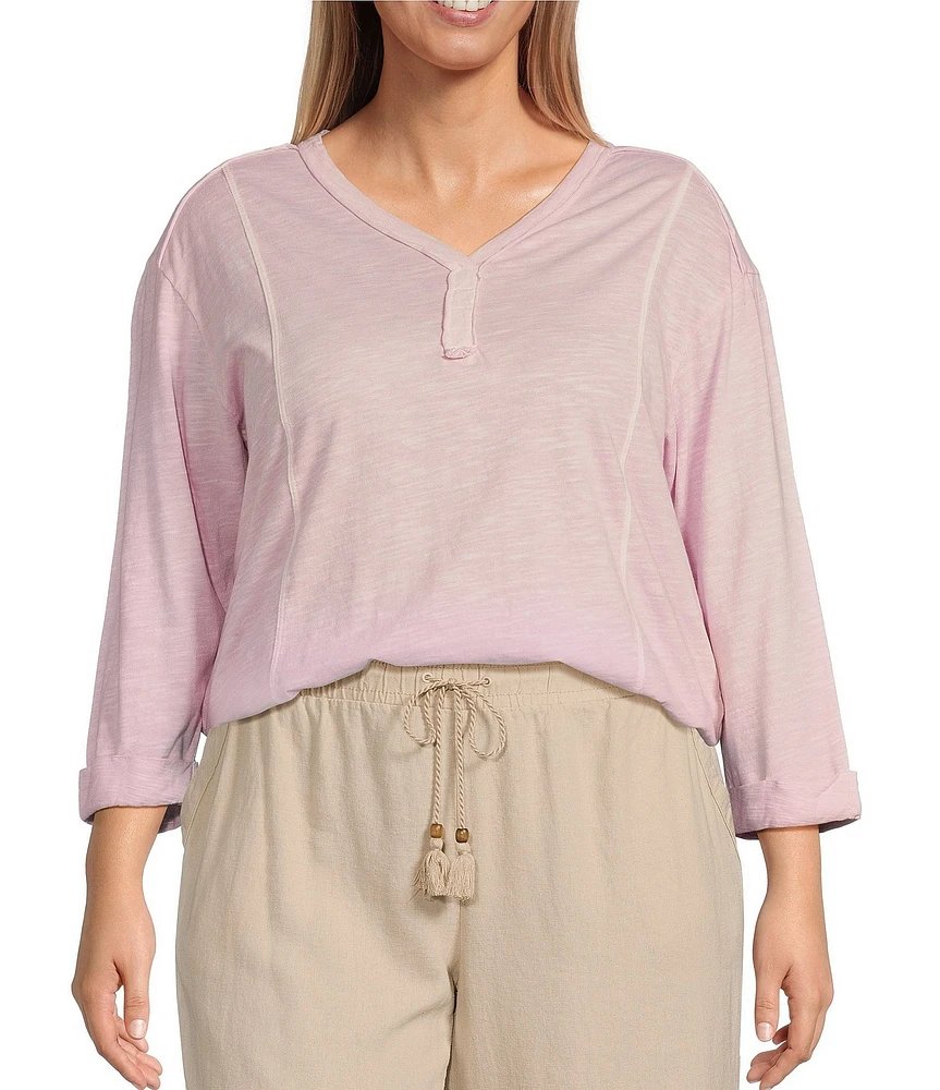 Westbound Plus Size Rolled 3/4 Sleeve Faux Henley Top