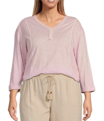 Westbound Plus Size Rolled 3/4 Sleeve Faux Henley Top