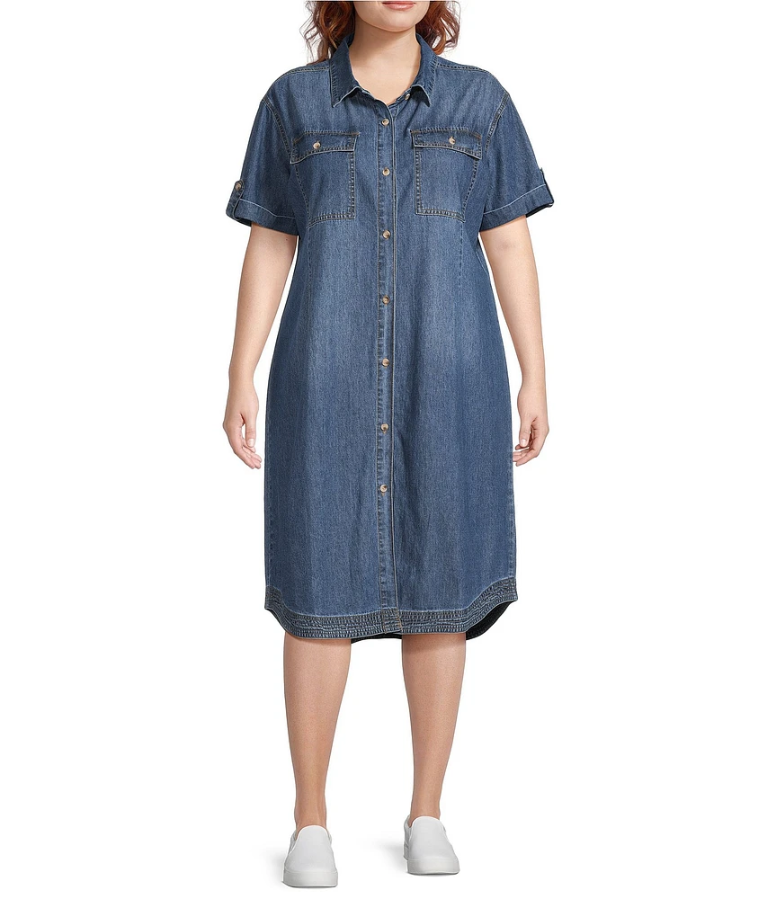 Westbound Plus Size Rolled Sleeve Shirt Midi Dress