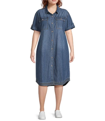 Westbound Plus Size Rolled Sleeve Shirt Midi Dress
