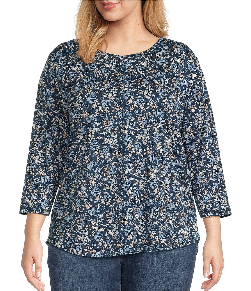Westbound Plus Size Shadow Garden Floral 3/4 Sleeve Knit Crew Neck Top
