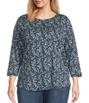 Westbound Plus Size Shadow Garden Floral 3/4 Sleeve Knit Crew Neck Top