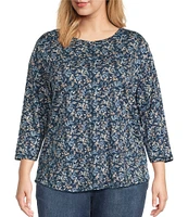 Westbound Plus Size Shadow Garden Floral 3/4 Sleeve Knit Crew Neck Top