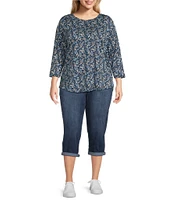 Westbound Plus Size Shadow Garden Floral 3/4 Sleeve Knit Crew Neck Top