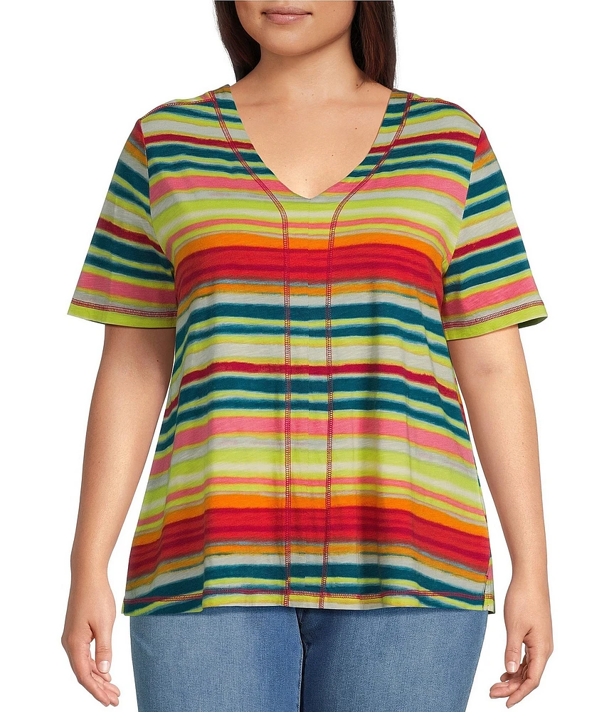 Westbound Plus Size Shimmering Stripe Short Short V-Neck Top