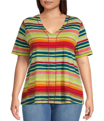 Westbound Plus Size Shimmering Stripe Short Short V-Neck Top