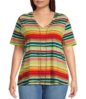 Westbound Plus Size Shimmering Stripe Short Short V-Neck Top