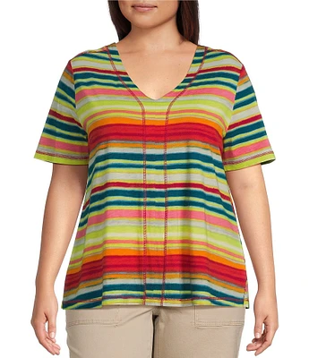 Westbound Plus Size Shimmering Stripe Short Short V-Neck Top