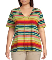 Westbound Plus Size Shimmering Stripe Short Short V-Neck Top