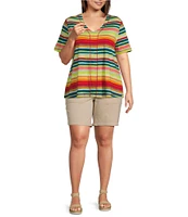 Westbound Plus Size Shimmering Stripe Short Short V-Neck Top