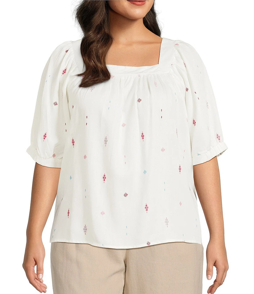 Westbound Plus Size Emroidered Short Sleeve Square Neck Top