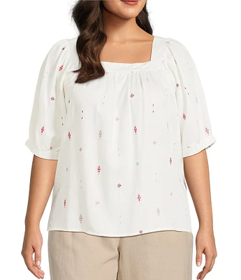 Westbound Plus Size Emroidered Short Sleeve Square Neck Top