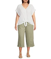 Westbound Plus Size Linen Blend Short Sleeve V-Neck Tie Front Top
