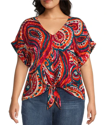 Westbound Plus Size Short Sleeve V-Neck Tie Front Top