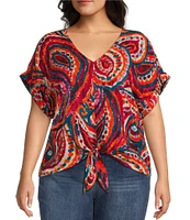 Westbound Plus Size Short Sleeve V-Neck Tie Front Top