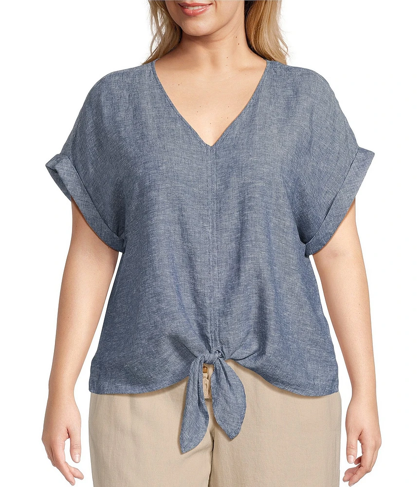 Westbound Plus Size Linen Blend Short Sleeve V-Neck Tie Front Top