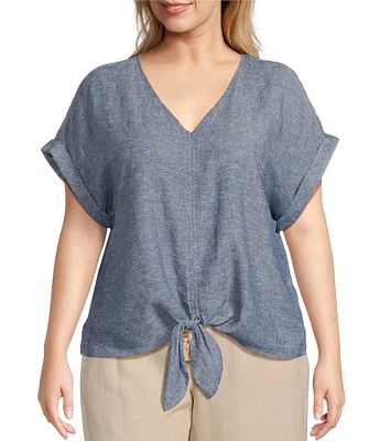 Westbound Plus Size Linen Blend Short Sleeve V-Neck Tie Front Top