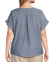 Westbound Plus Size Linen Blend Short Sleeve V-Neck Tie Front Top