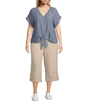 Westbound Plus Size Linen Blend Short Sleeve V-Neck Tie Front Top