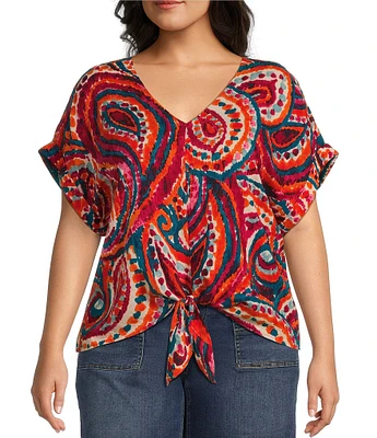 Westbound Plus Size Short Sleeve V-Neck Tie Front Top