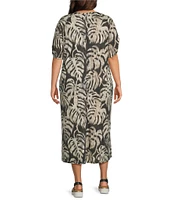 Westbound Plus Size Sketched Palms Short Sleeve V-Neck Maxi Dress