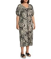 Westbound Plus Size Sketched Palms Short Sleeve V-Neck Maxi Dress