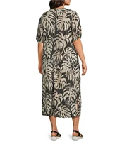 Westbound Plus Size Sketched Palms Short Sleeve V-Neck Maxi Dress