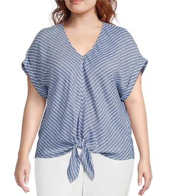 Westbound Plus Size Stripe Short Sleeve V-Neck Tie Front Top