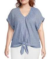Westbound Plus Size Stripe Short Sleeve V-Neck Tie Front Top