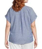 Westbound Plus Size Stripe Short Sleeve V-Neck Tie Front Top