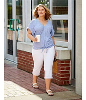 Westbound Plus Size Stripe Short Sleeve V-Neck Tie Front Top