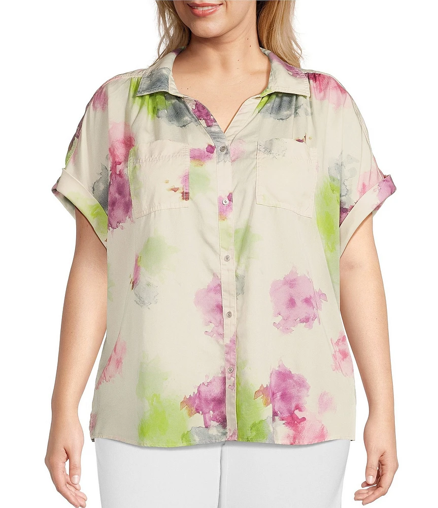 Westbound Plus Size the CAMP shirt Abstract Print Short Sleeve Collared Button Front Shirt