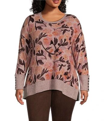 Westbound Plus Size Tonal Floral Toss Long Sleeve Crew Neck Button Cuff Top