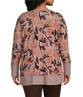 Westbound Plus Size Tonal Floral Toss Long Sleeve Crew Neck Button Cuff Top