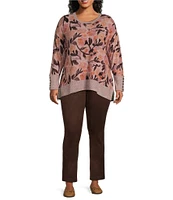 Westbound Plus Size Tonal Floral Toss Long Sleeve Crew Neck Button Cuff Top