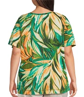 Westbound Plus Size Tropical Leaf Short Sleeve Crew Neck Top