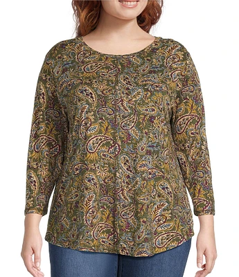 Westbound Plus Size Vibrant Paisley Print 3/4 Sleeve Knit Crew Neck Top