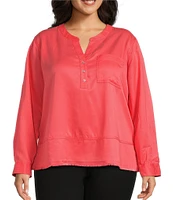Westbound Plus Size Woven 3/4 Roll-Tab Sleeve Henley Top