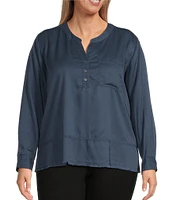Westbound Plus Size Woven 3/4 Roll-Tab Sleeve Henley Top