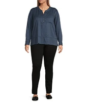 Westbound Plus Size Woven 3/4 Roll-Tab Sleeve Henley Top